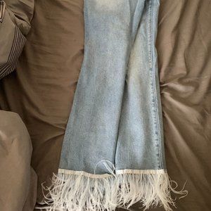 High Waisted Light Blue Wash Jeans w/ Feather Hem